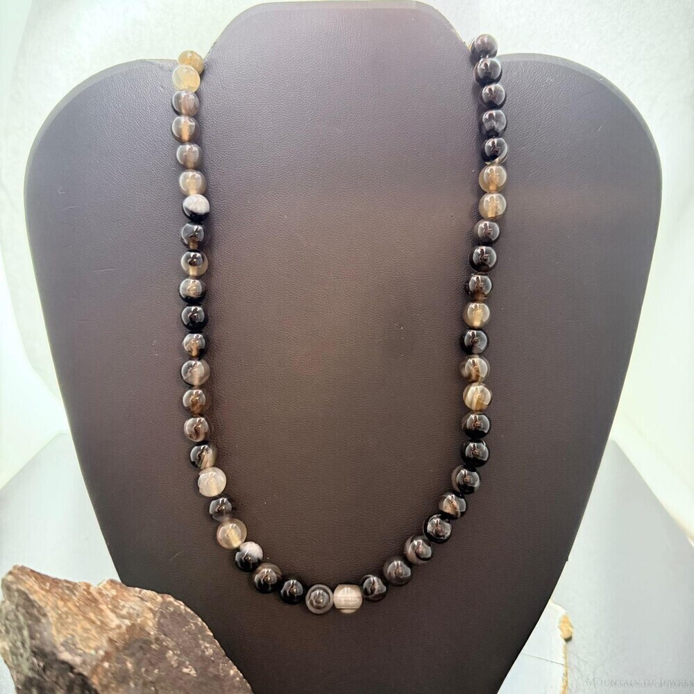 Sterling Silver Southwestern Style Smoky Onyx 8mm Beads 22" Necklace For Women